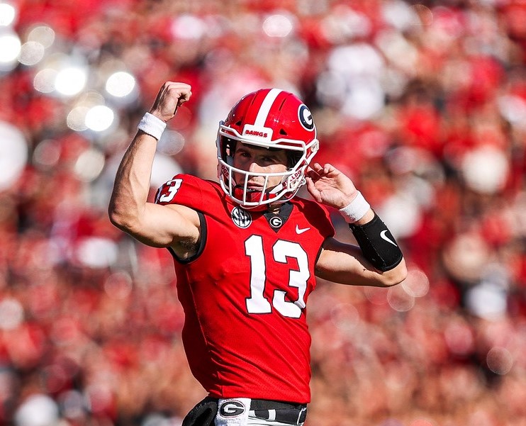 Georgia quarterback Stetson Bennett (13) during a game against Vanderbilt on Dooley Field at Sanford Stadium in Athens, Ga., on Saturday, Oct. 15, 2022. (Photo by Tony Walsh)