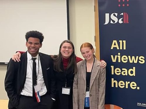 From left to right Jesse White, Cecily Hrenko, and Riley Dexter stand together at the Ohio River Valley Fall State convention. The one-day convention was held at The Ohio State University on Nov. 4, 2023.