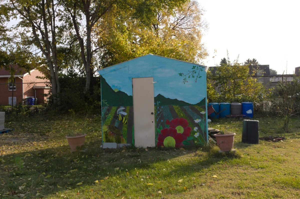 A shed made for gardening supplies was throughtfully painted in 2020 by former volunteer Chaka Davis. It features colorful imagery of flowers, bees, and a farm.