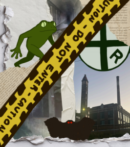 Graphic piece that includes a frog and caution tape for an urban exploring package.